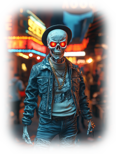 Wendigo stading up in Harlem at night with a cool hat and a gold necklace with all the Harlem mood