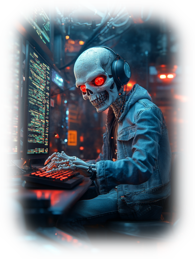 Wendigo working on a computer like he is coding and listening to music with headphones