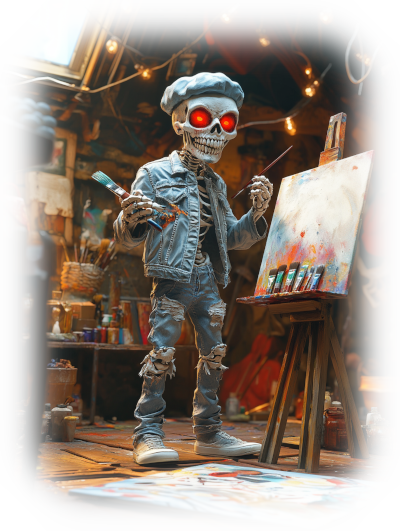 Wendigo as a painter with their typical hat with a painting canvas, he is painting something cratively