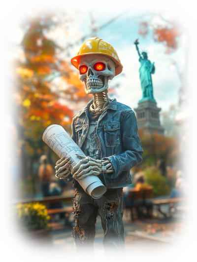 Wendigo holding plans and a hard hat with the Liberty Statue behind